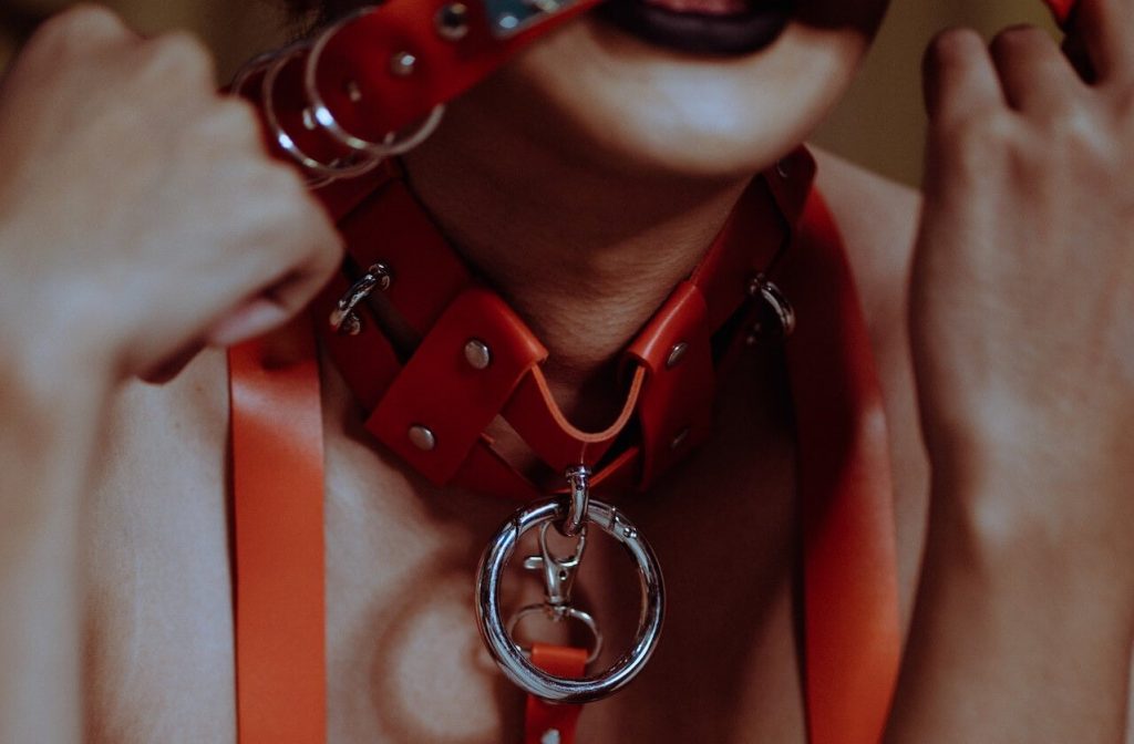 An image featuring a woman elegantly wearing a red leather choker around her neck.